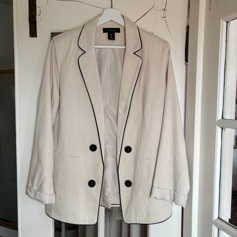 Tahari Cream Linen Blend Blazer Double Breasted Black Piping Women's M Career